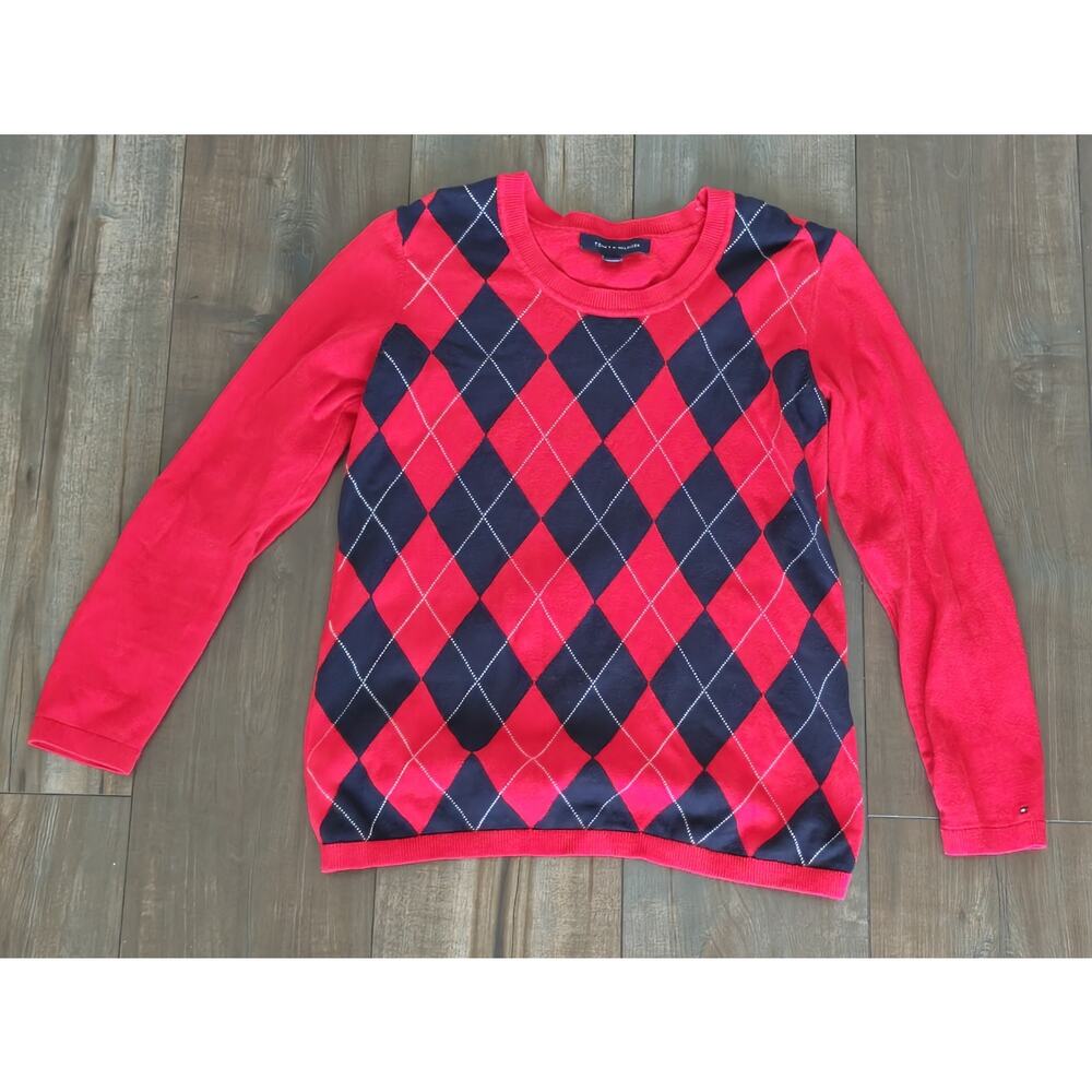 Tommy Hilfiger Sweater Women’s Small Argyle Knit Red Navy Diamond Pullover Class